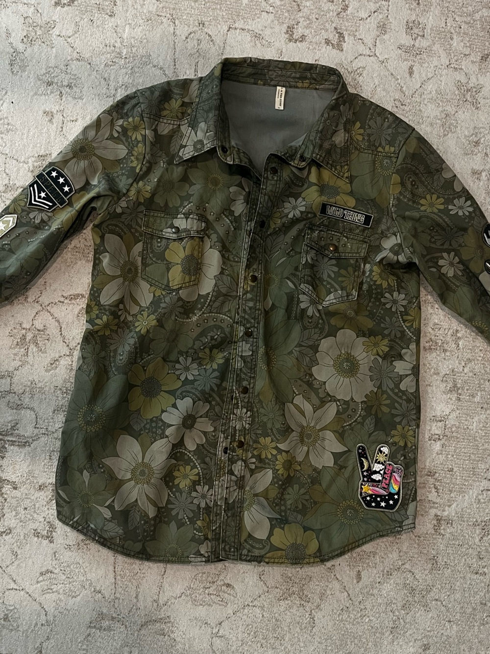 Spell Eden Floral Camouflage Button-Up Shirt - Olive Green XL htf
